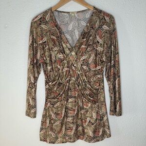 Reba Paisley Blouse Twist Neckline Gold Long Sleeve Bodycon Women’s Size Large
